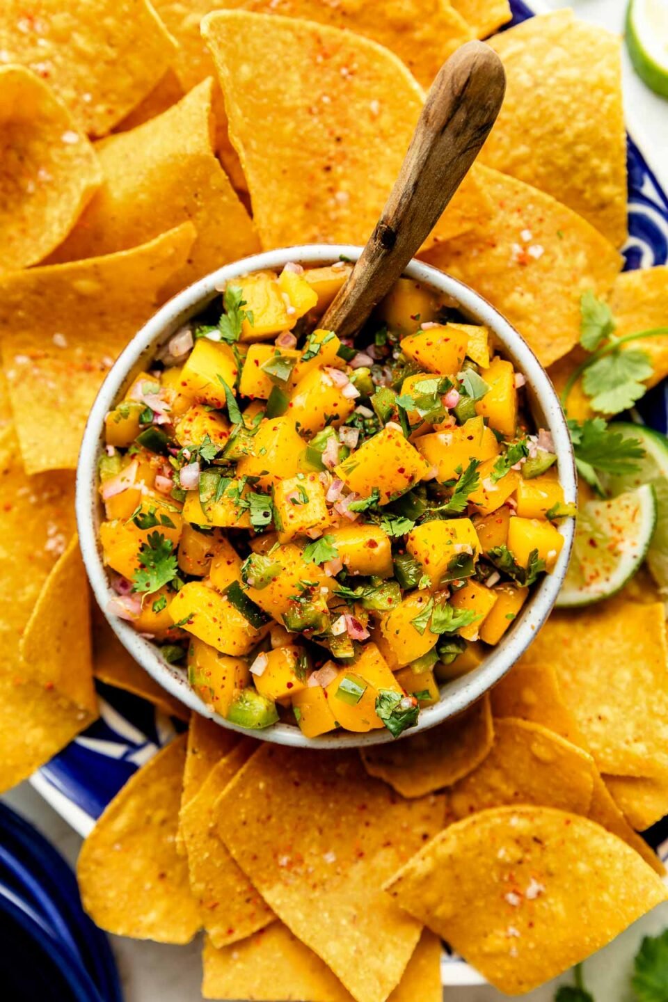 A close-up overhead shot of a small bowl of mango salsa surrounded by tortilla chips on a blue and white platter.