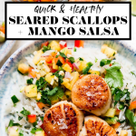 Healthy Seared Scallops with Mango Rice graphic with text overlay for Pinterest.