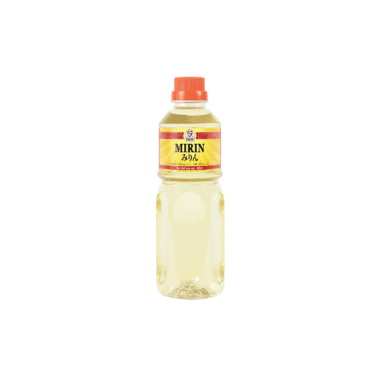 A clear plastic bottle with a red cap containing mirin, a Japanese sweet rice wine. The label is yellow with red accents and displays the word MIRIN along with Japanese characters.